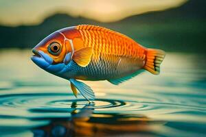 un' pesce è galleggiante su il acqua con un' tramonto nel il sfondo. ai-generato foto