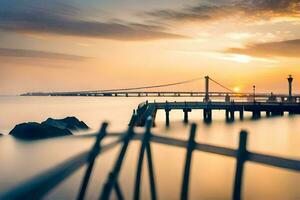 un' ponte al di sopra di il oceano a tramonto. ai-generato foto