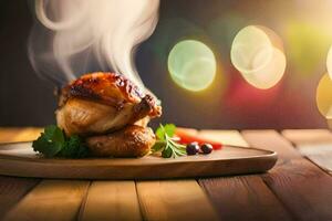 un' pezzo di pollo è seduta su un' di legno piatto con Fumo In arrivo su di esso. ai-generato foto