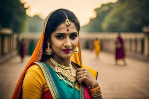 un' bellissimo indiano donna nel tradizionale vestiario. ai-generato foto