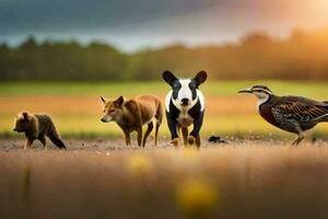 un' gruppo di animali a piedi nel un' campo. ai-generato foto