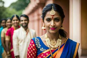 indiano sposa nel tradizionale sari. ai-generato foto