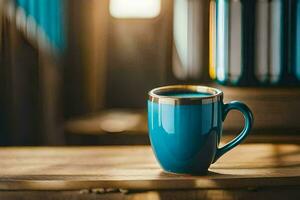 un' blu caffè tazza su un' di legno tavolo. ai-generato foto