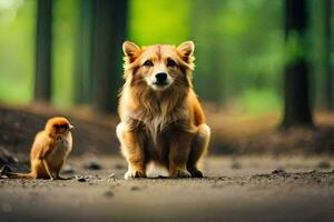 un' cane e un' uccello seduta su il terra nel il boschi. ai-generato foto