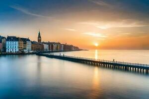 il sole sorge al di sopra di il acqua e edifici nel Copenaghen. ai-generato foto