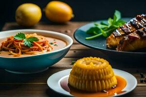 un' piatto di cibo con spaghetti, carne e verdure. ai-generato foto