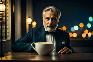 un più vecchio uomo nel un' completo da uomo e cravatta seduta a un' tavolo con un' caffè tazza. ai-generato foto