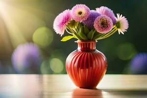 un' vaso con viola fiori su un' tavolo. ai-generato foto