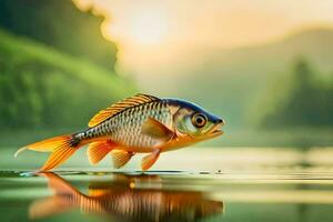 un' pesce è in piedi su il acqua con il sole nel il sfondo. ai-generato foto