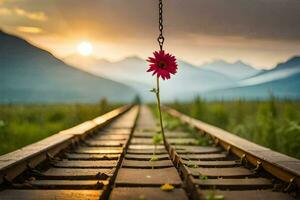 un' fiore è sospeso a partire dal un' treno traccia. ai-generato foto