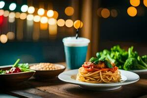 spaghetti e insalata su un' di legno tavolo. ai-generato foto