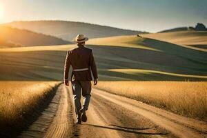 un' uomo nel un' cappello passeggiate giù un' sporco strada. ai-generato foto