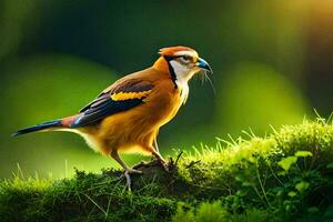 un' colorato uccello è in piedi su un' muschio coperto albero. ai-generato foto