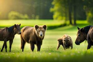 un' gruppo di cavalli e un' orso nel un' campo. ai-generato foto