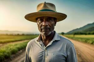 un africano uomo indossare un' cappello sta nel un' campo. ai-generato foto