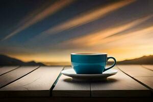 un' tazza di caffè su un' di legno tavolo con un' tramonto nel il sfondo. ai-generato foto