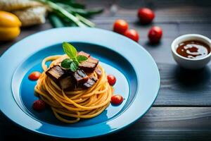 spaghetti con carne e verdure su un' blu piatto. ai-generato foto