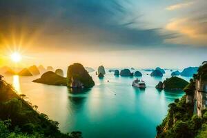 il sole imposta al di sopra di il acqua nel halong baia. ai-generato foto