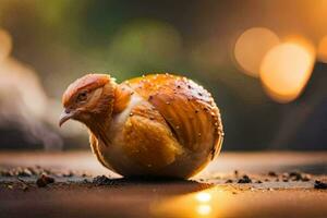 un' piccolo uccello seduta su superiore di un' pezzo di pane. ai-generato foto