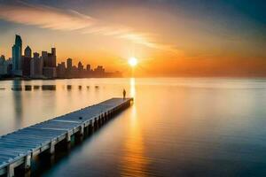 un' molo nel il acqua con il sole ambientazione al di sopra di un' città orizzonte. ai-generato foto