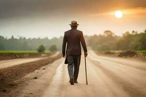 un' uomo a piedi giù un' sporco strada con un' canna. ai-generato foto