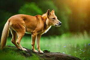 un' cane in piedi su un' roccia nel il erba. ai-generato foto