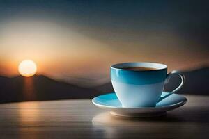 un' tazza di caffè su un' tavolo nel davanti di un' bellissimo tramonto. ai-generato foto