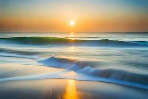 il sole sorge al di sopra di il oceano e onde. ai-generato foto