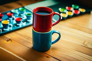 Due colorato caffè tazze su un' di legno tavolo. ai-generato foto