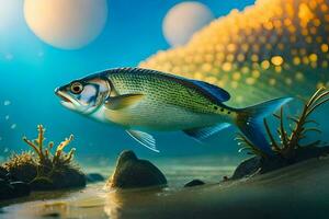 pesce nel il oceano con bolle e rocce. ai-generato foto