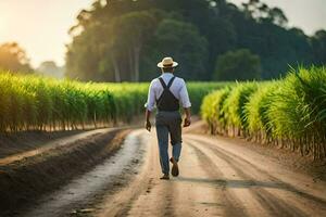 un' uomo nel un' cappello passeggiate giù un' sporco strada nel davanti di un' campo di zucchero canna. ai-generato foto