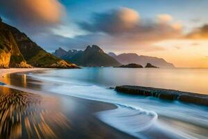 un' spiaggia e montagne a tramonto. ai-generato foto