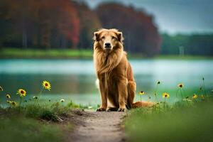 un' d'oro cane da riporto seduta su il sentiero vicino un' lago. ai-generato foto
