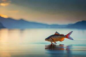 un' pesce è in piedi su il acqua a tramonto. ai-generato foto