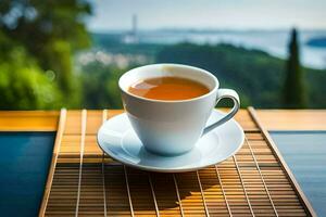 un' tazza di tè su un' bambù stuoia. ai-generato foto