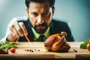 un' uomo nel un' completo da uomo è Tenere un' coltello al di sopra di un' arrostito pollo. ai-generato foto