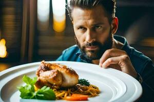 un' uomo con un' barba è Tenere un' piatto con un' pollo piatto. ai-generato foto