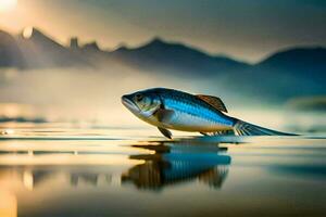 un' pesce è nuoto nel il acqua a tramonto. ai-generato foto