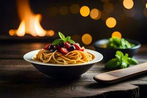 spaghetti con frutti di bosco e erbe aromatiche nel un' ciotola. ai-generato foto