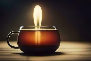 un' tazza di tè con un' ardente candela. ai-generato foto