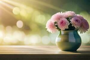 rosa fiori nel un' vaso su un' tavolo. ai-generato foto