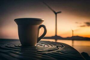 caffè tazza su il tavolo, vento turbine, il mare, il tramonto, il orizzonte,. ai-generato foto