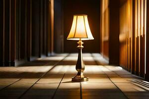 un' lampada seduta su un' di legno pavimento nel un' corridoio. ai-generato foto