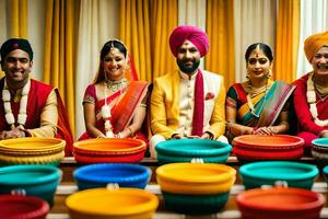 un' gruppo di persone nel colorato turbanti e sari. ai-generato foto