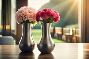 Due vasi con rosa fiori su un' tavolo. ai-generato foto