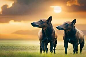 Due cani in piedi nel il erba a tramonto. ai-generato foto