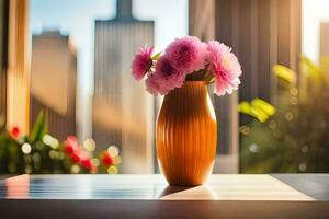 un' vaso di fiori seduta su un' tavolo nel davanti di un' paesaggio urbano. ai-generato foto
