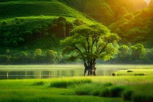 un' albero sta nel il mezzo di un' verde campo. ai-generato foto