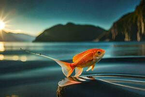 pesce rosso su il bordo di il acqua, tramonto, montagne, acqua, paesaggio, hd. ai-generato foto