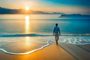 un' uomo a piedi su il spiaggia a tramonto. ai-generato foto